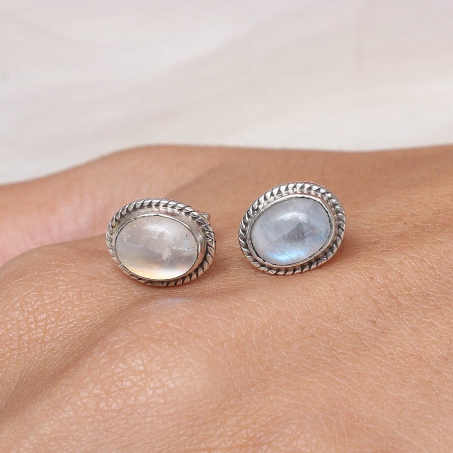 Rainbow Moonstone Sterling Silver Stud Earrings