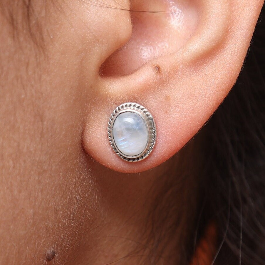 Rainbow Moonstone Sterling Silver Stud Earrings