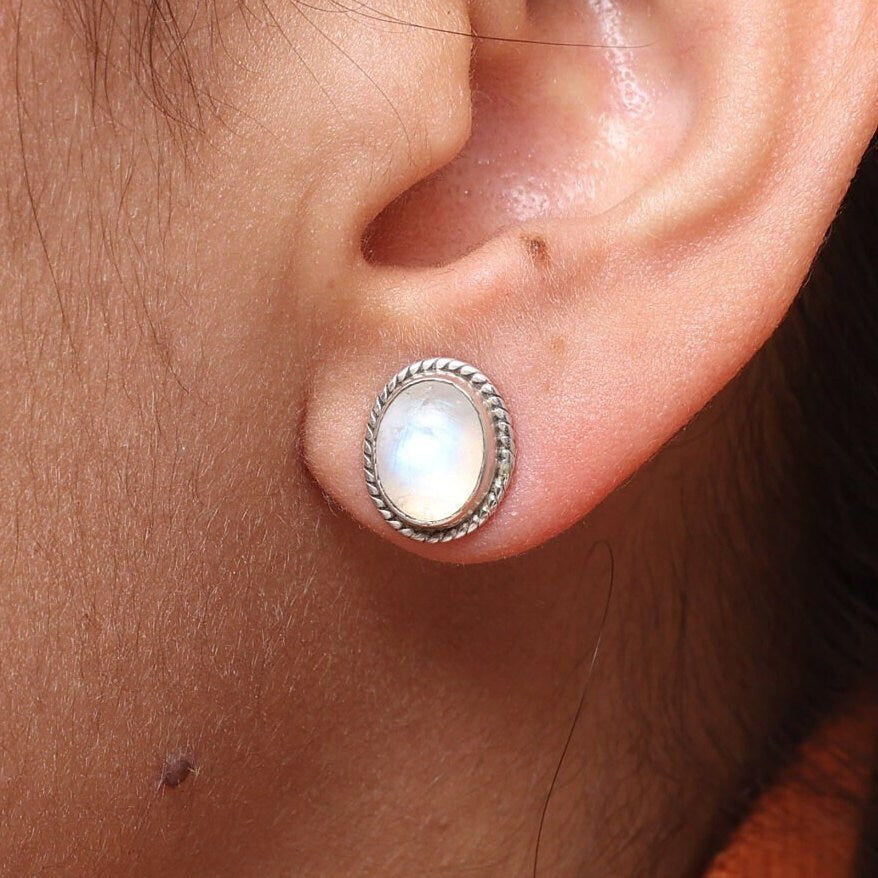 Rainbow Moonstone Sterling Silver Stud Earrings