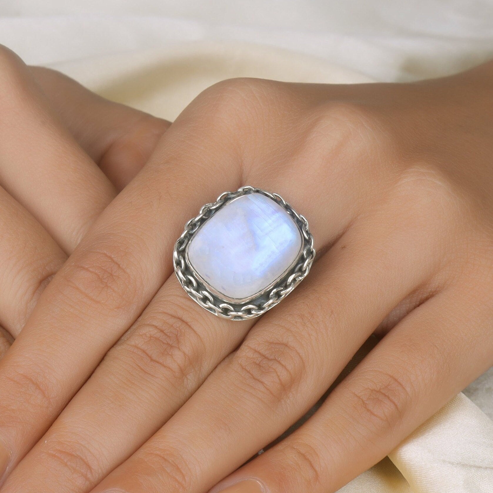 Rainbow Moonstone Sterling Silver Ring