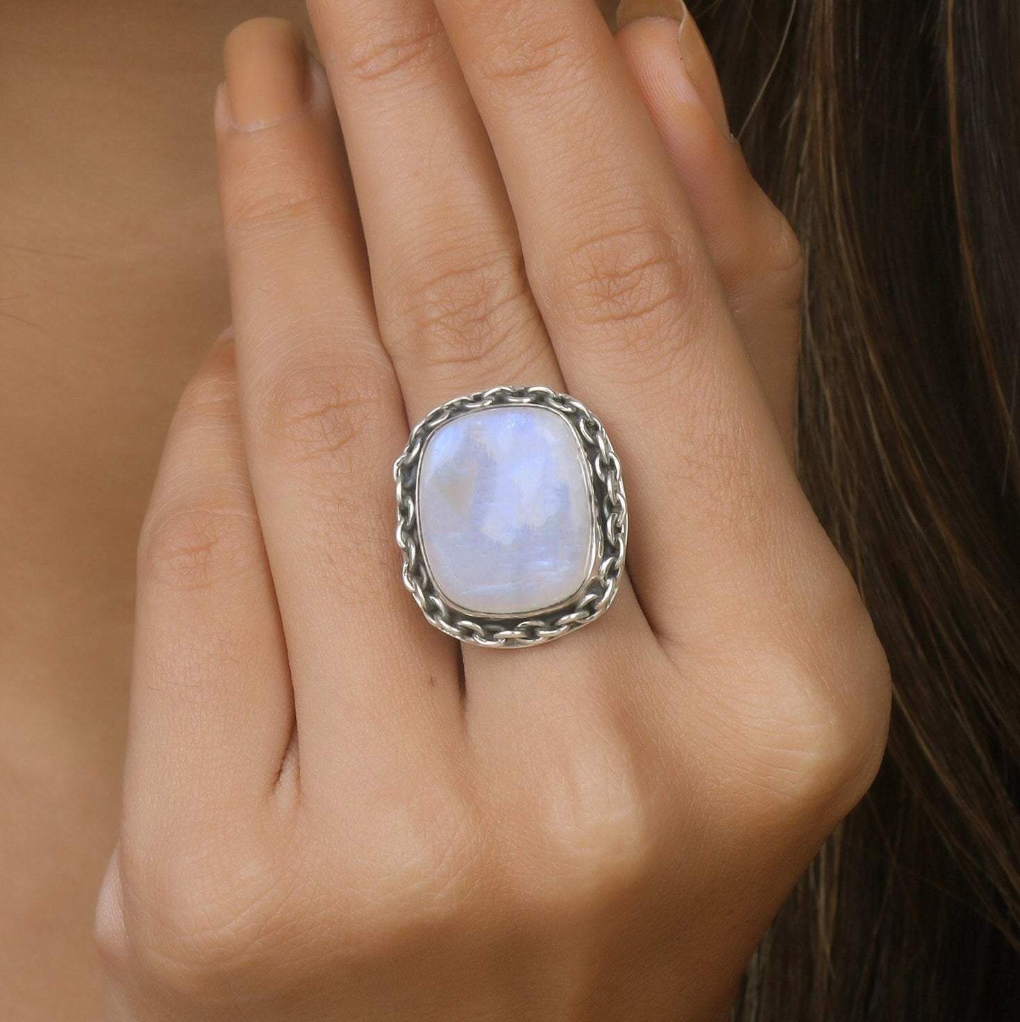 Rainbow Moonstone Sterling Silver Ring