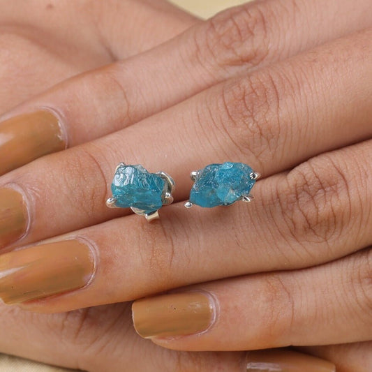 Raw Sky Blue Apatite Sterling Silver Stud Earrings