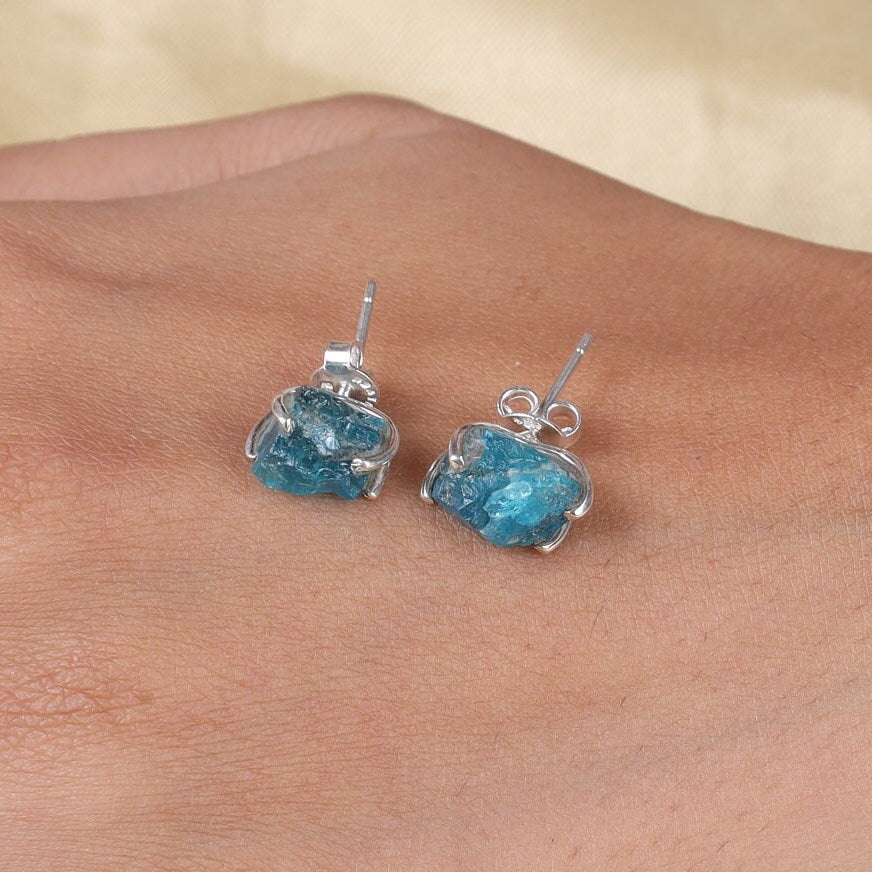 Raw Sky Blue Apatite Sterling Silver Stud Earrings