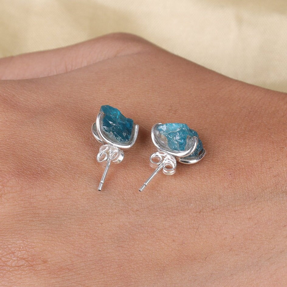 Raw Sky Blue Apatite Sterling Silver Stud Earrings