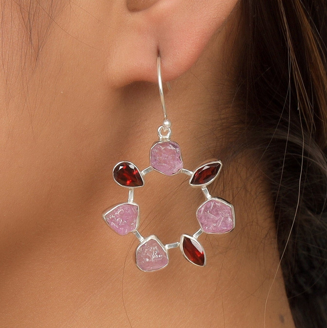 Rose Quartz & Garnet Sterling Silver Earrings