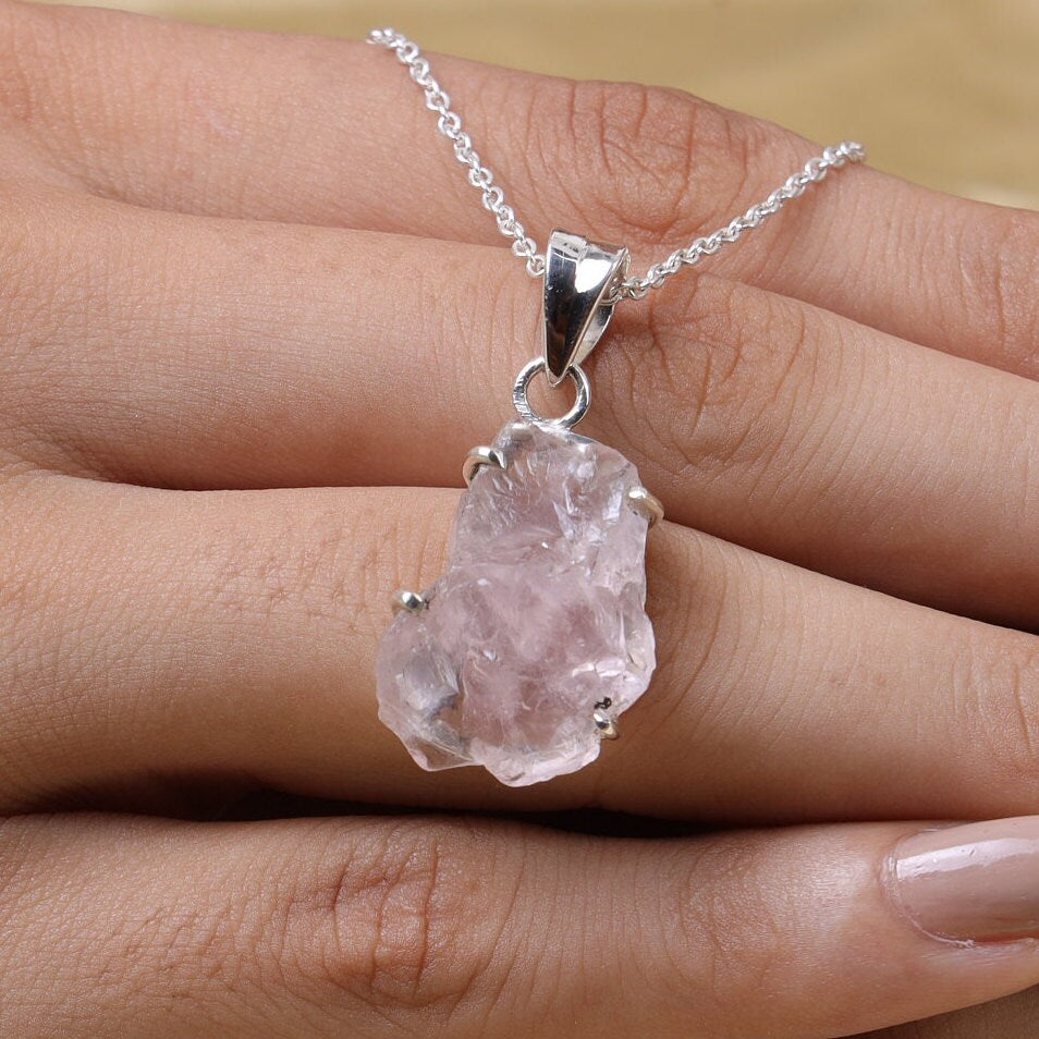 Raw Rose Quartz Pendant, 925 Sterling Silver Pendant, January Birthstone Necklace, Raw Crystal Necklace, Handmade Pendant, Boho Necklace