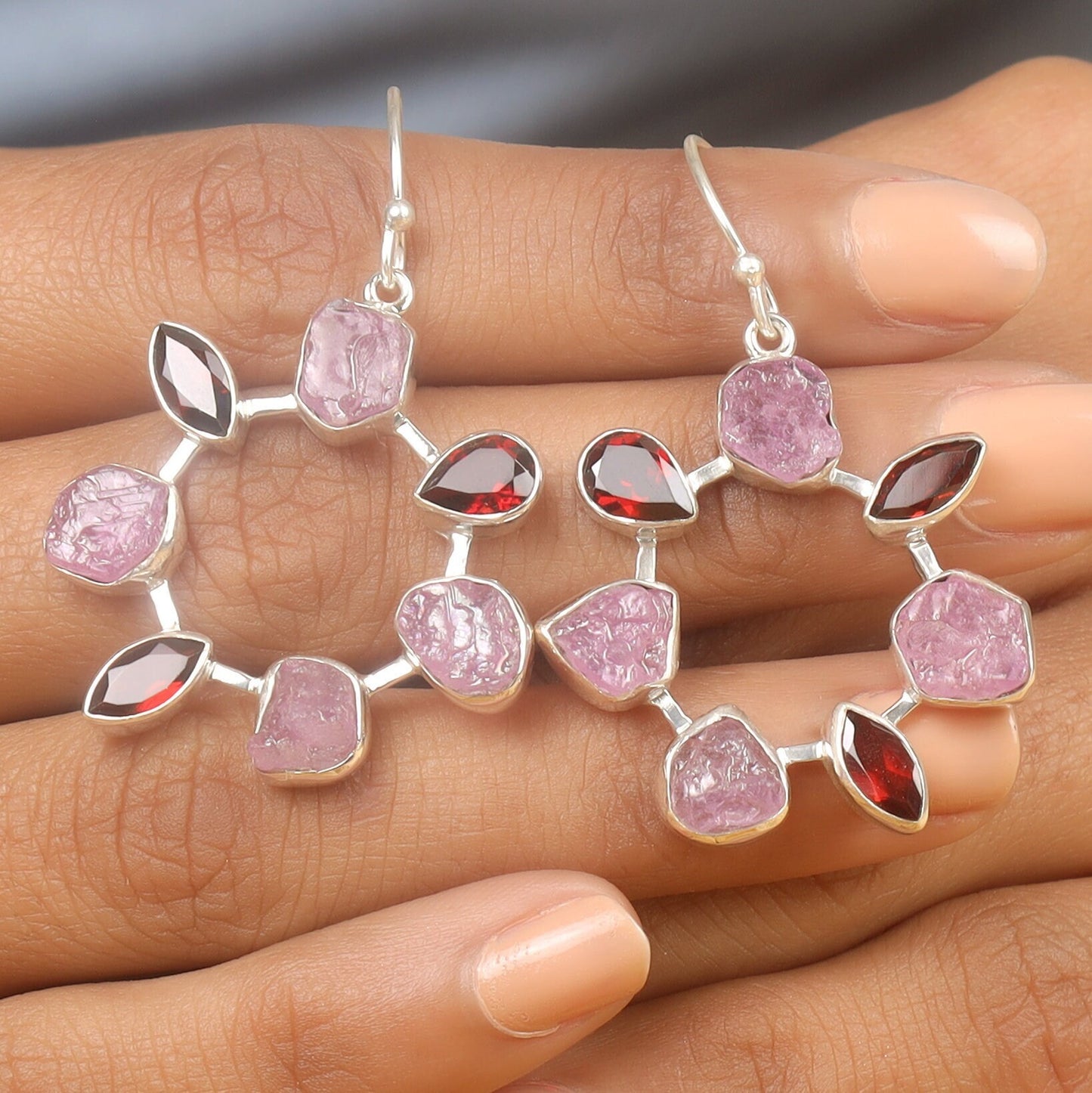 Rose Quartz & Garnet Sterling Silver Earrings