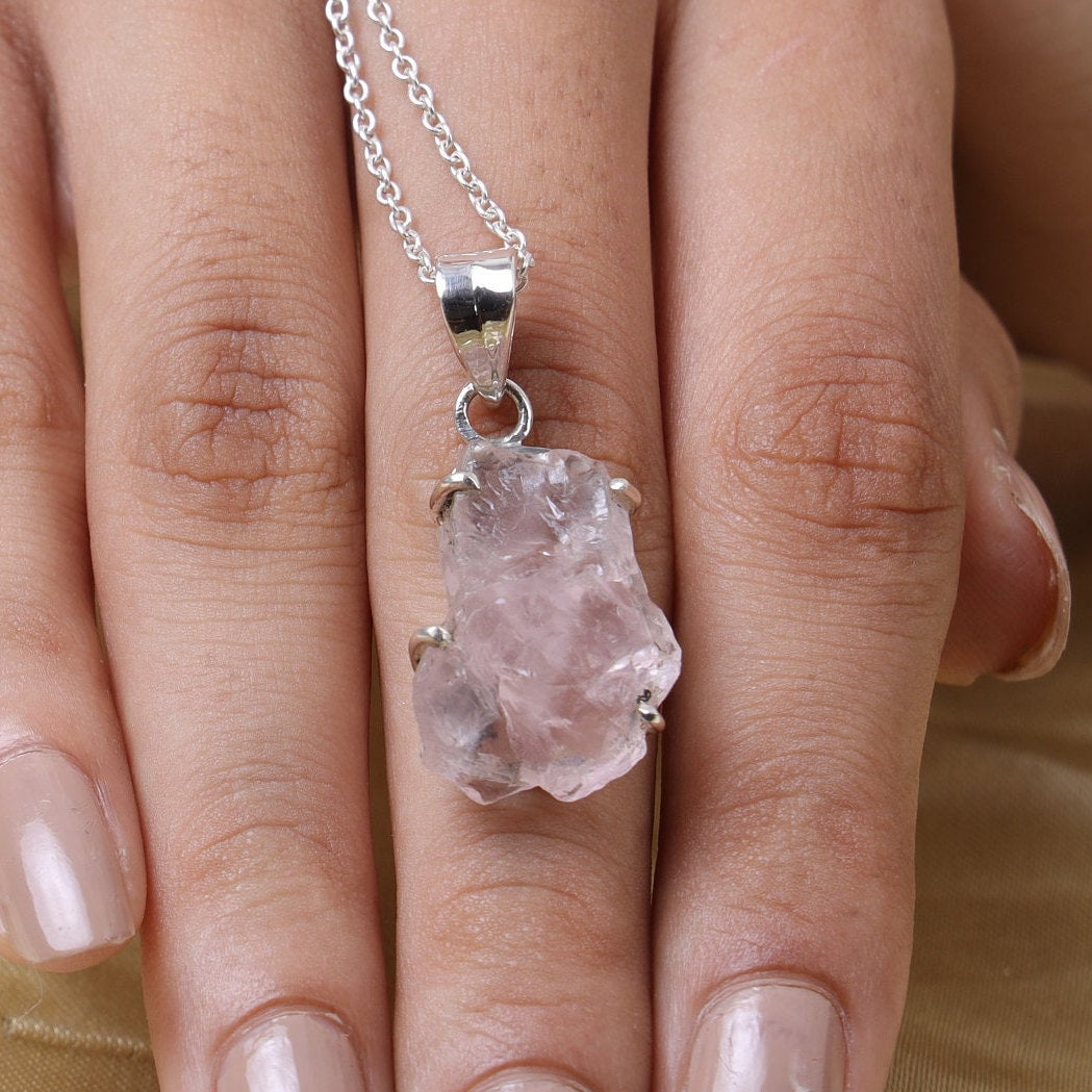 Raw Rose Quartz Pendant, 925 Sterling Silver Pendant, January Birthstone Necklace, Raw Crystal Necklace, Handmade Pendant, Boho Necklace