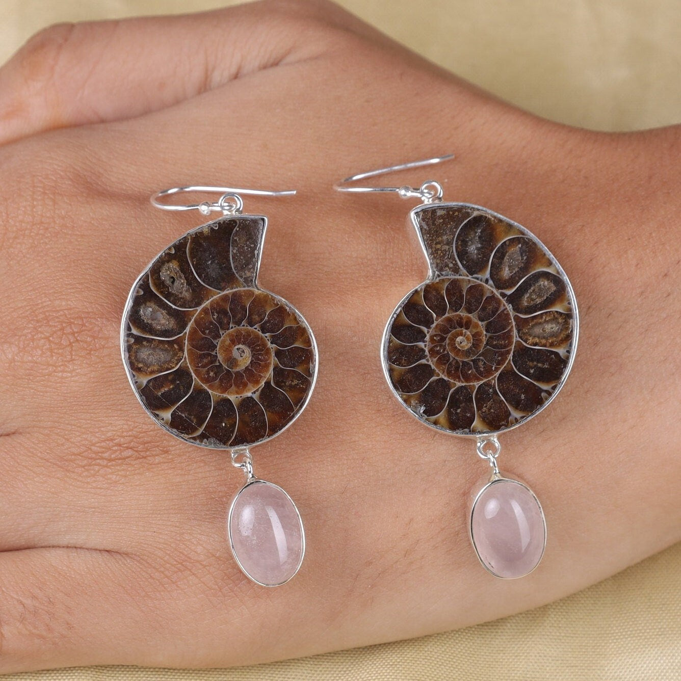 Ammonite & Rose Quartz Sterling Silver Earrings