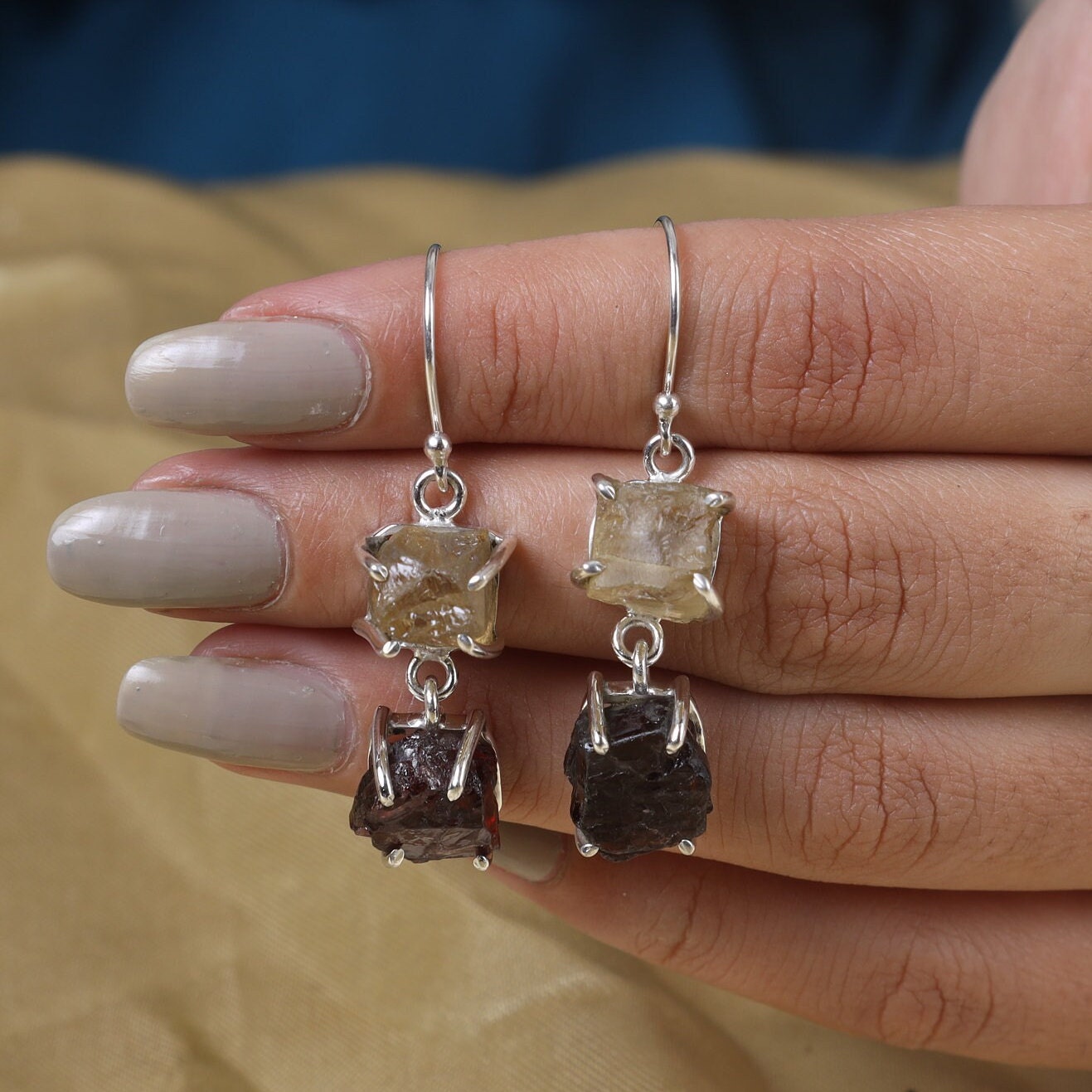 Raw Garnet & Lemon Topaz Sterling Silver Earrings