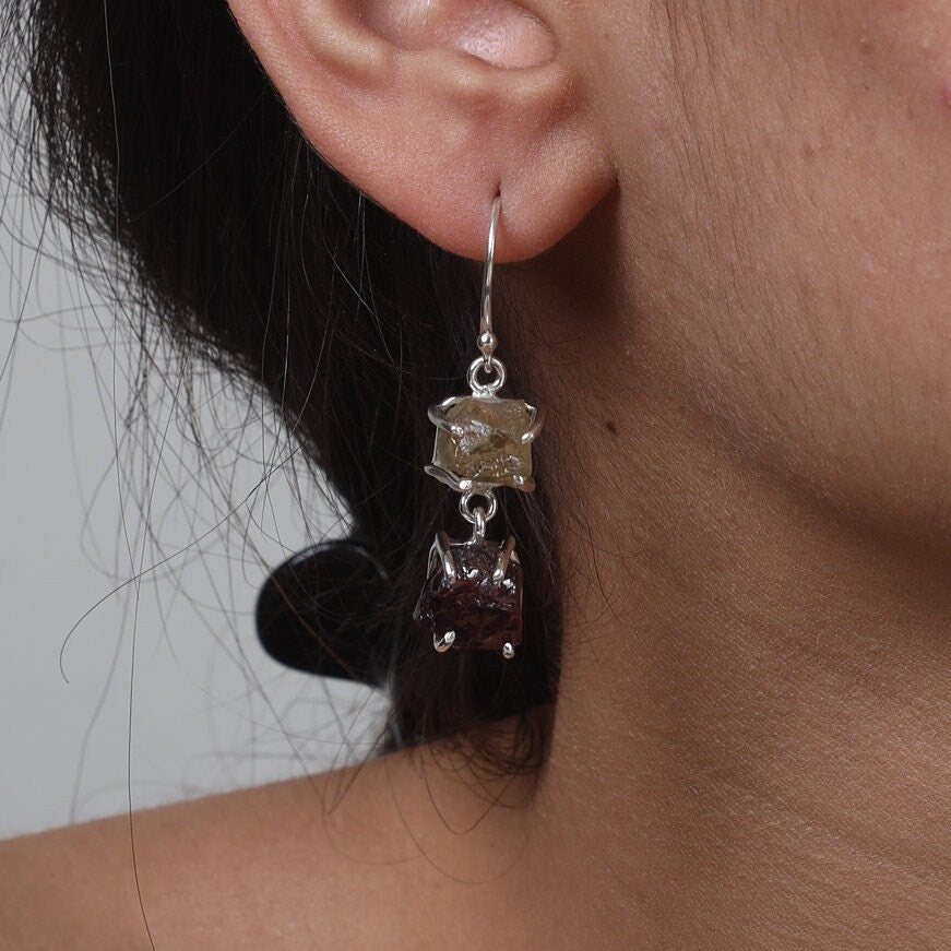 Raw Garnet & Lemon Topaz Sterling Silver Earrings