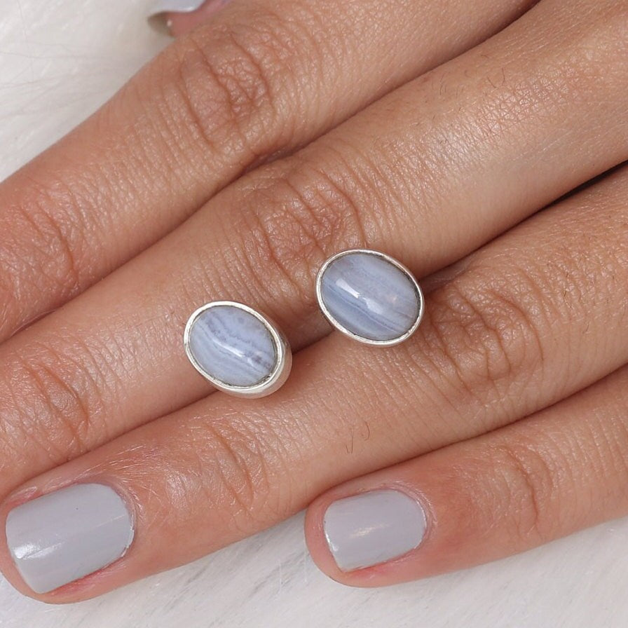 Blue Lace Agate Sterling Silver Stud Earrings