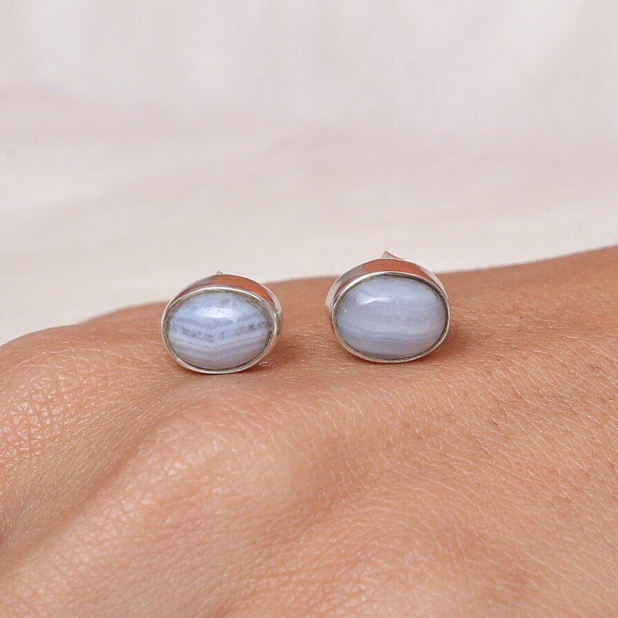 Blue Lace Agate Sterling Silver Stud Earrings