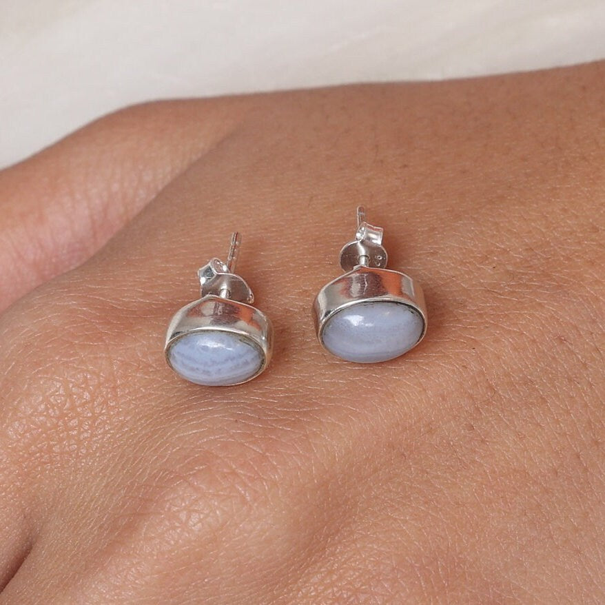 Blue Lace Agate Sterling Silver Stud Earrings