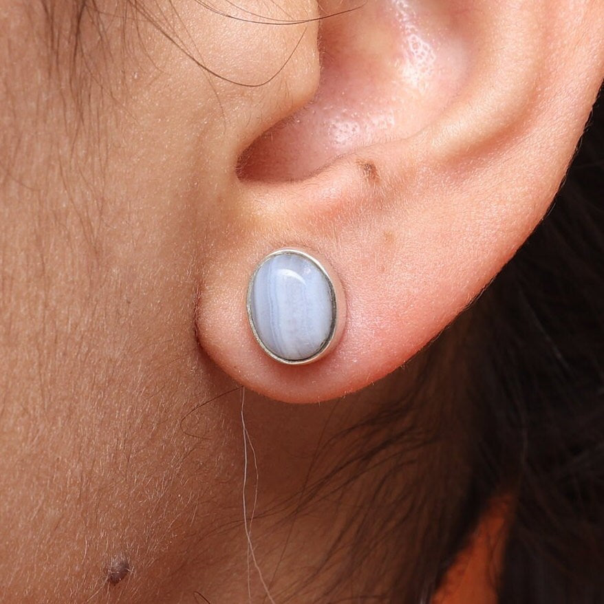 Blue Lace Agate Sterling Silver Stud Earrings