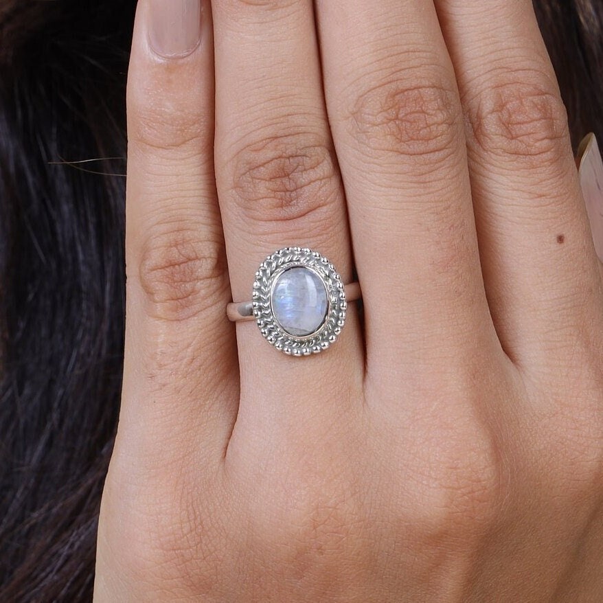 Rainbow Moonstone Sterling Silver Ring