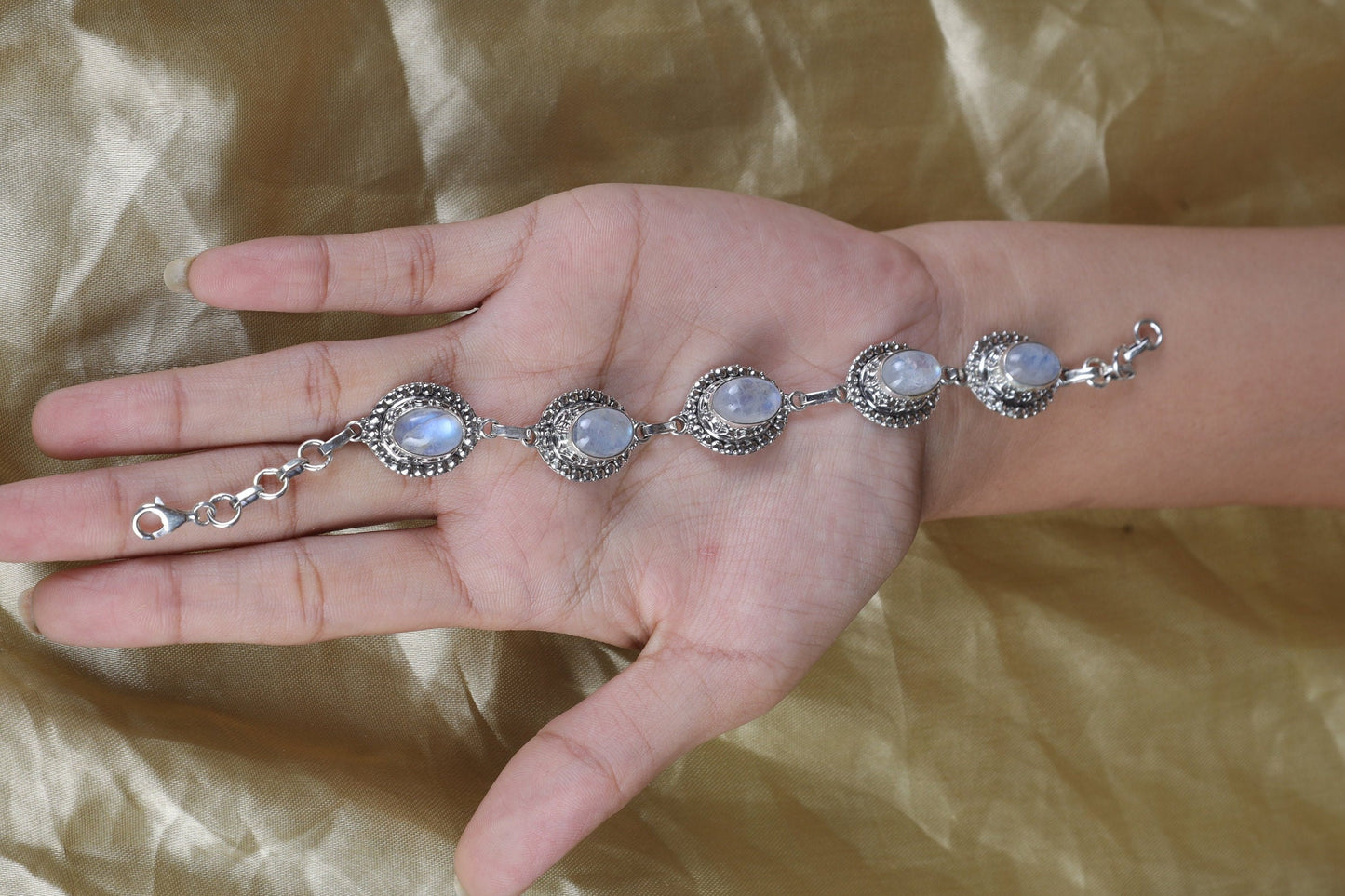 Rainbow Moonstone Sterling Silver Bracelet