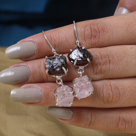 Raw Garnet & Rose Quartz Sterling Silver Earrings