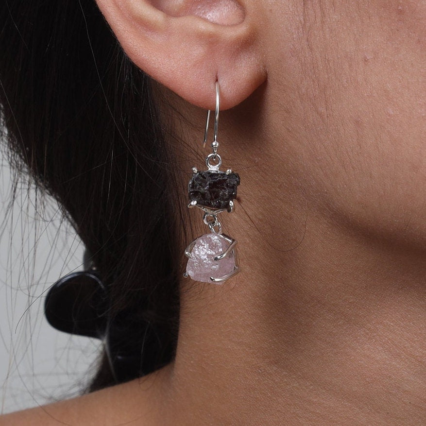 Raw Garnet & Rose Quartz Sterling Silver Earrings