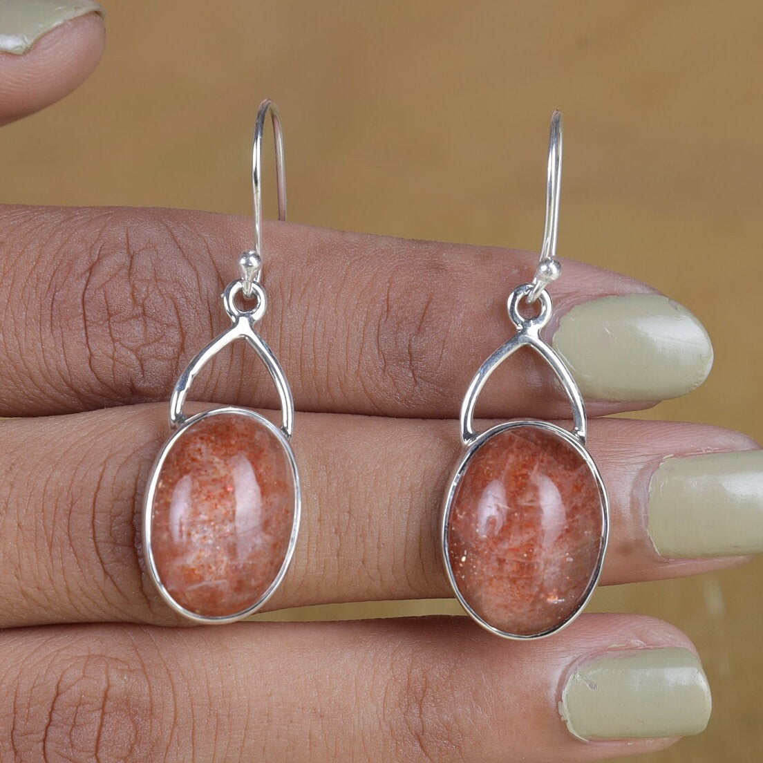 Sunstone Earrings, 925 Sterling Silver Earrings, Silver Drop Earrings, Oval Gemstone Earrings, Handmade Jewelry, Birthday Gift for Sister