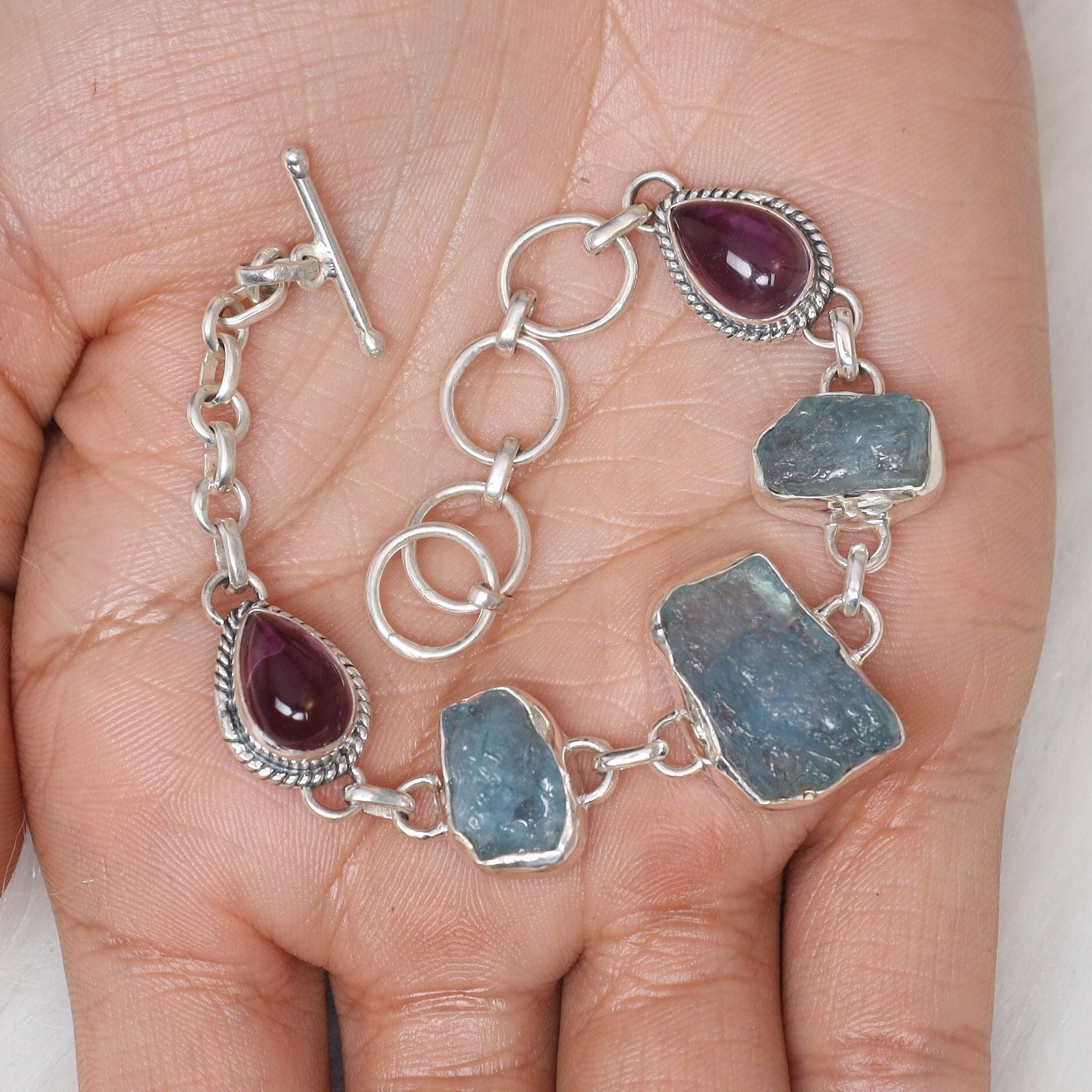 Raw Aquamarine & Amethyst Sterling Silver Bracelet