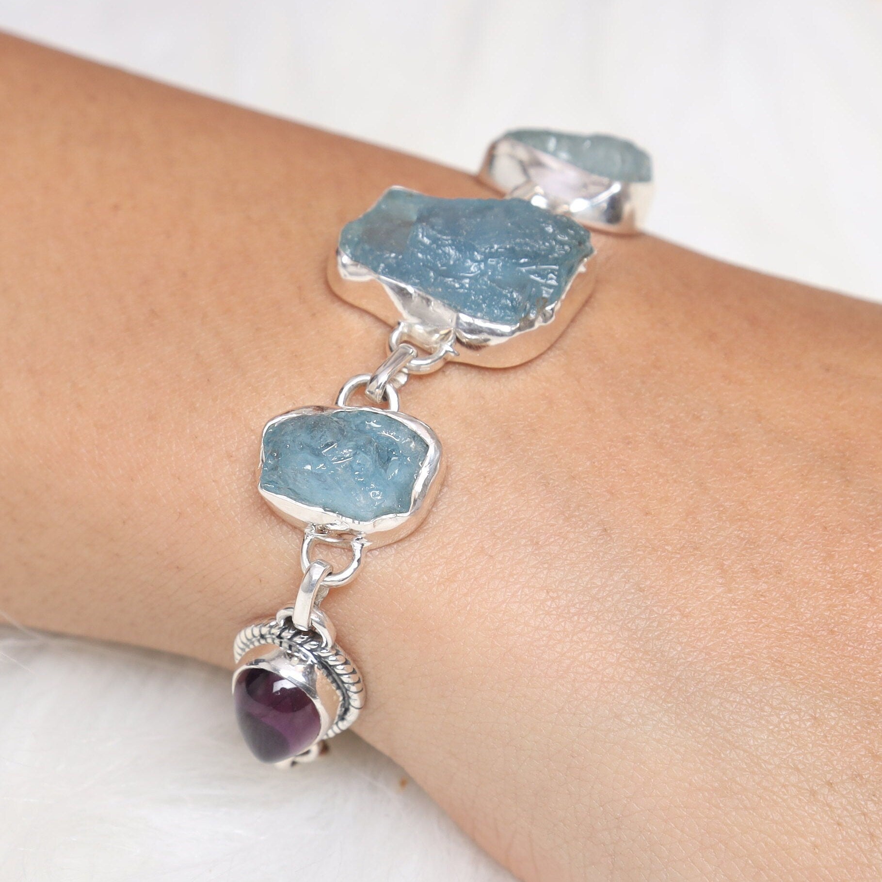 Raw Aquamarine & Amethyst Sterling Silver Bracelet