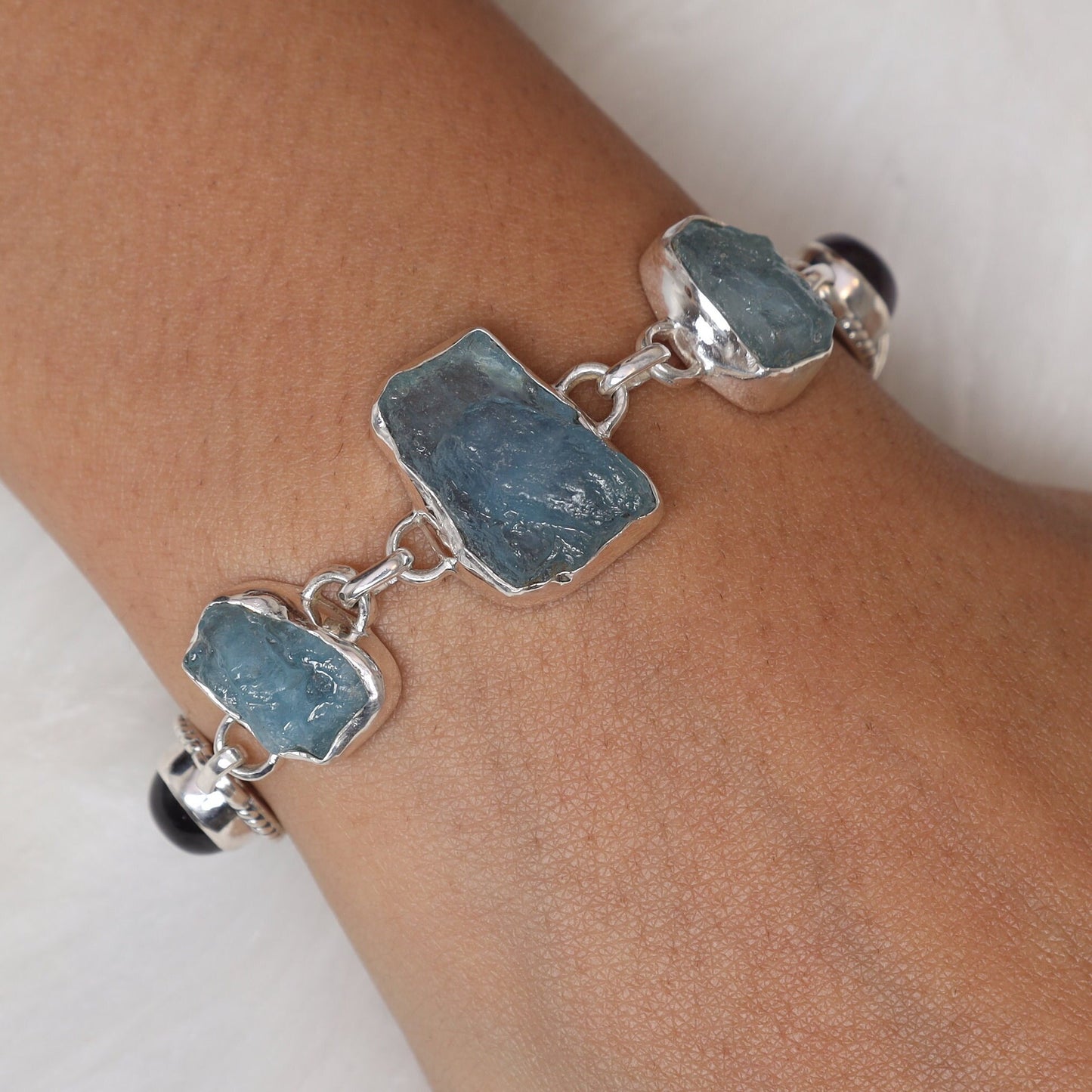 Raw Aquamarine & Amethyst Sterling Silver Bracelet