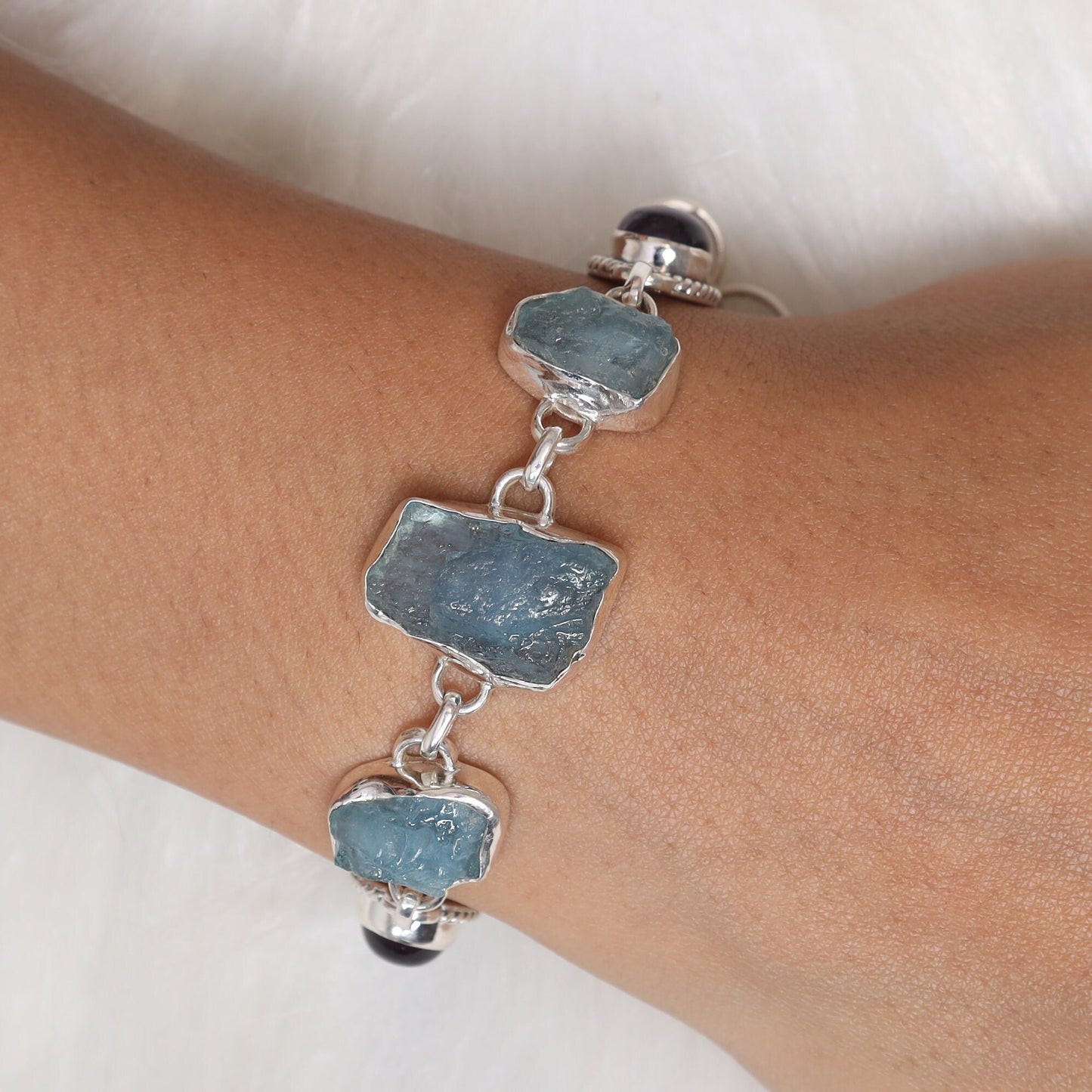 Raw Aquamarine & Amethyst Sterling Silver Bracelet