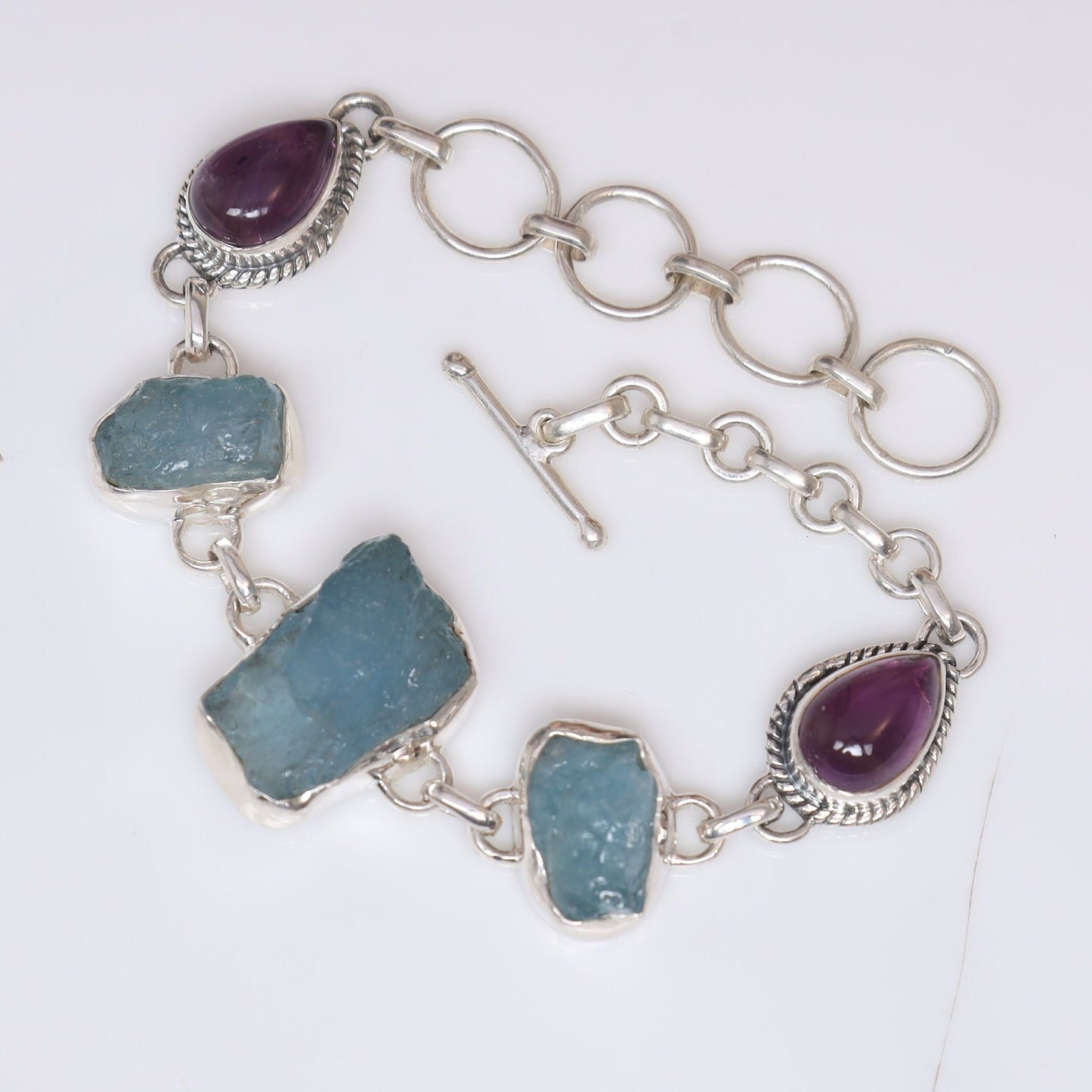 Raw Aquamarine & Amethyst Sterling Silver Bracelet