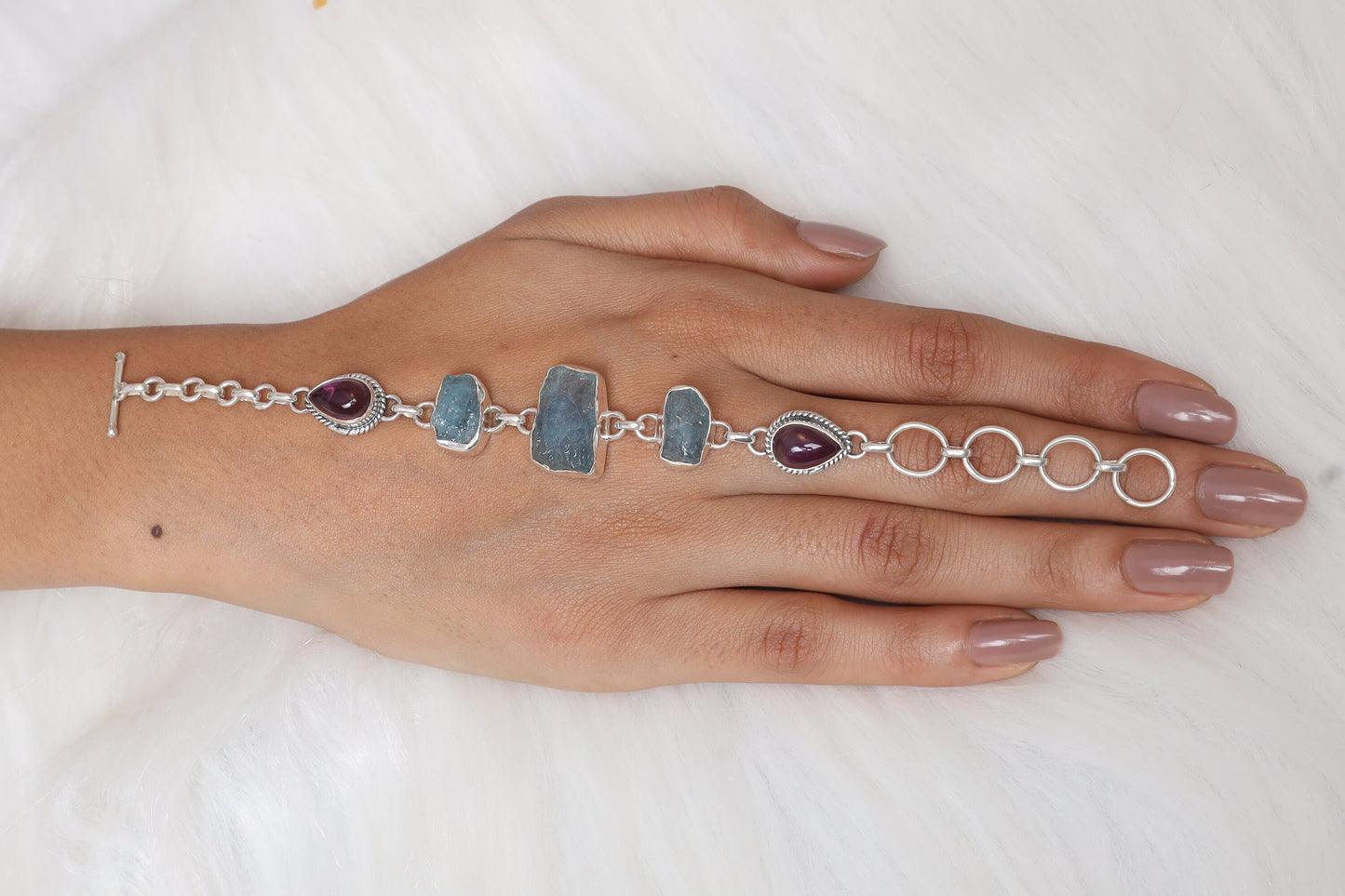 Raw Aquamarine & Amethyst Sterling Silver Bracelet