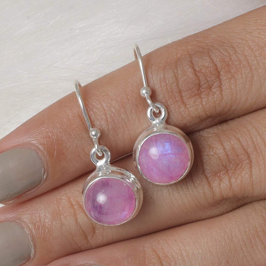 Pink Rainbow Moonstone Sterling Silver Earrings