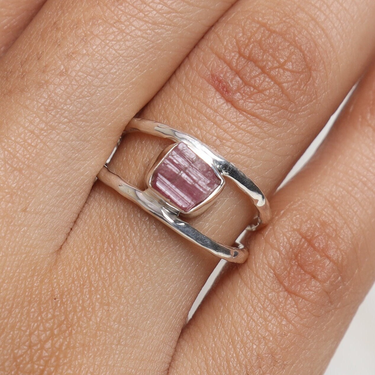 Raw Pink Tourmaline Sterling Silver Ring