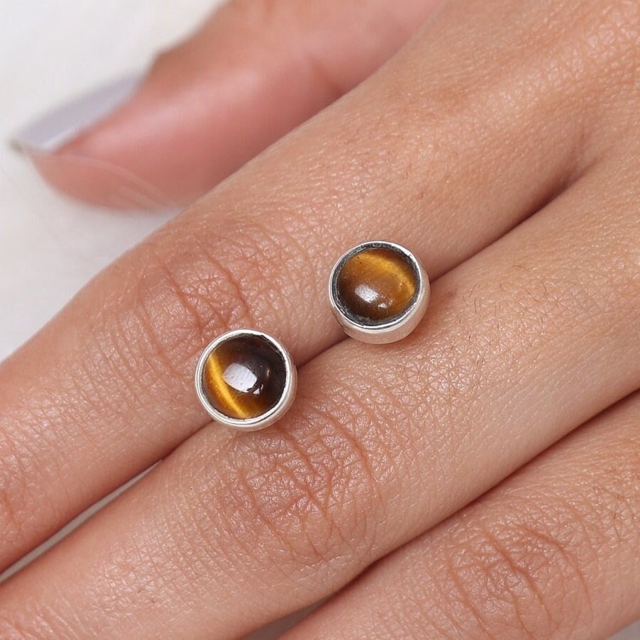 Tiger Eye Stud Earrings, 925 Sterling Silver Studs, Gemstone Stud Earrings, Handmade Jewelry Studs, Women Earrings, Birthday Gift for Her