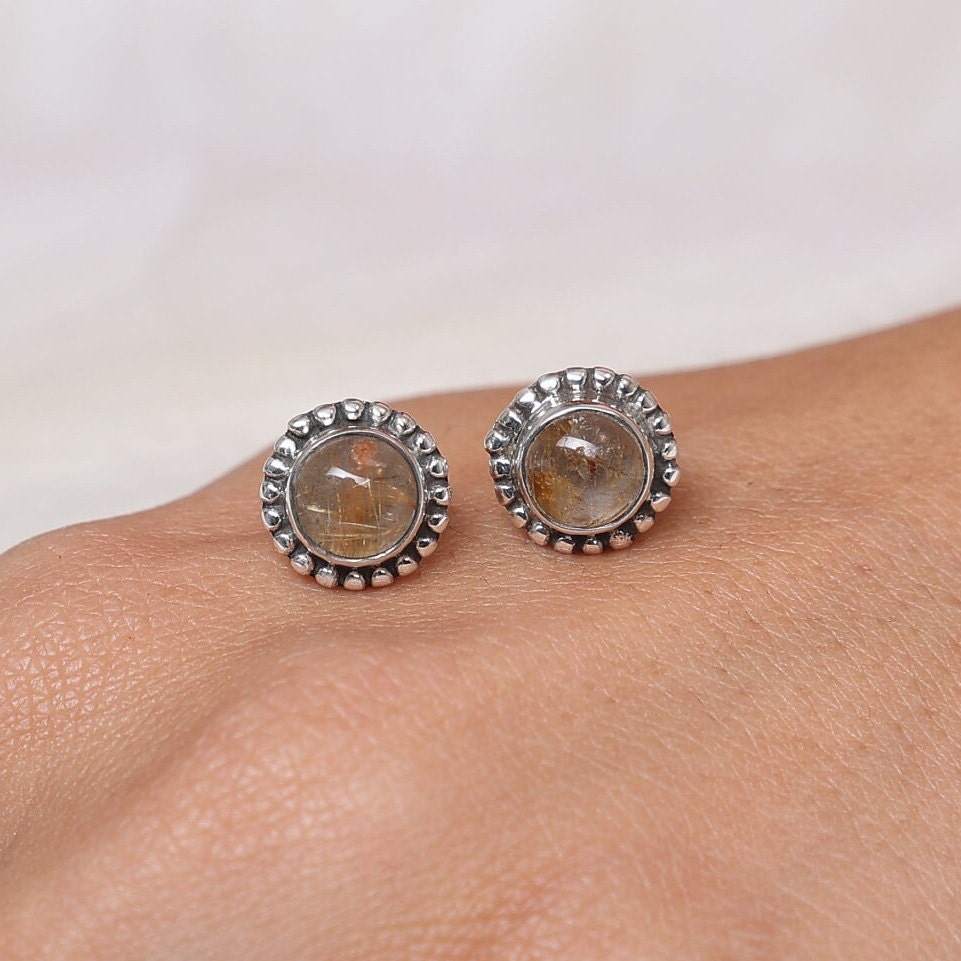 Golden Rutile Quartz Sterling Silver Stud Earrings