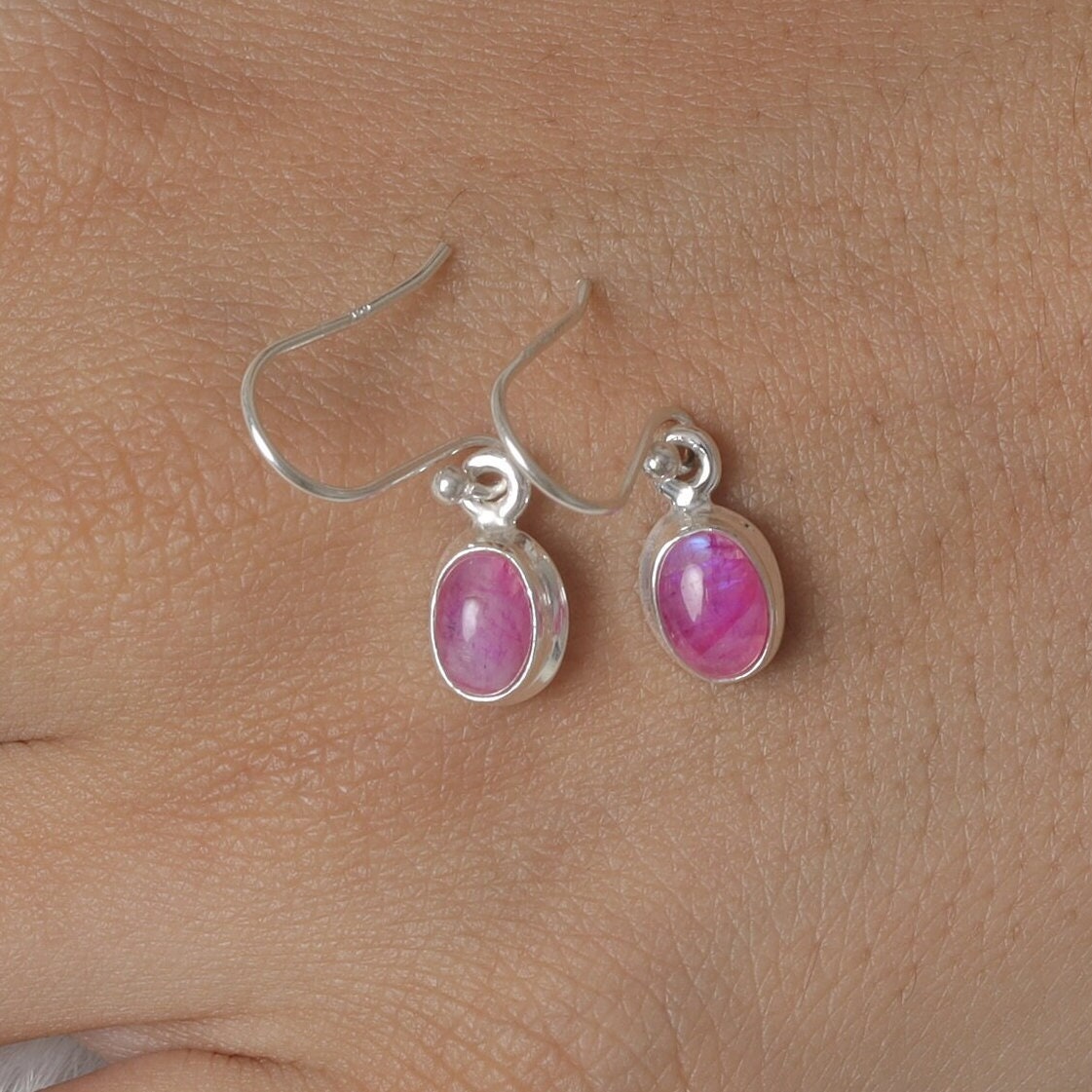 Pink Rainbow Moonstone Sterling Silver Earrings