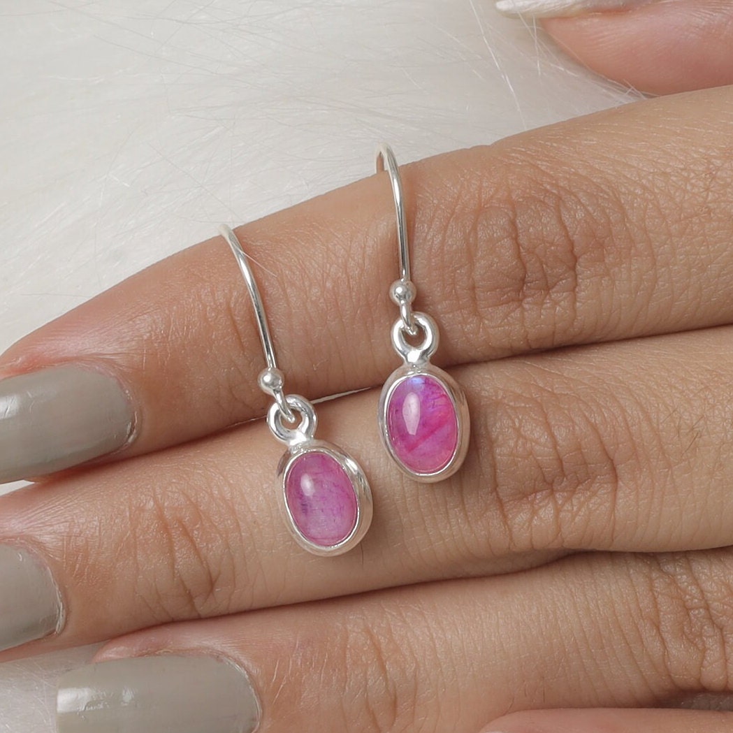 Pink Rainbow Moonstone Sterling Silver Earrings