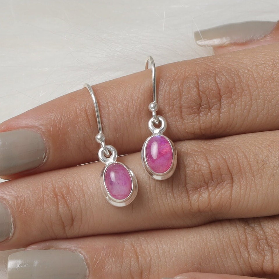 Pink Rainbow Moonstone Sterling Silver Earrings