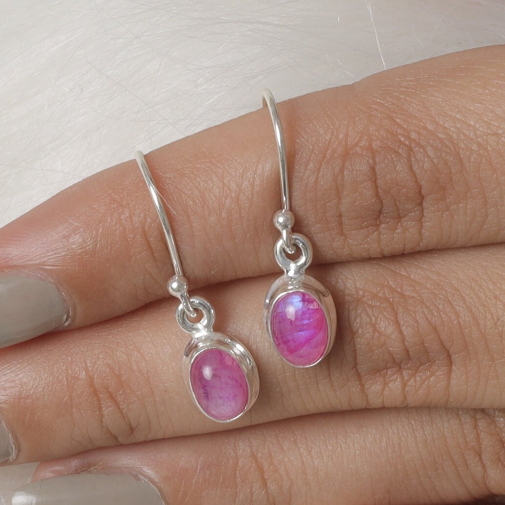 Pink Rainbow Moonstone Sterling Silver Earrings