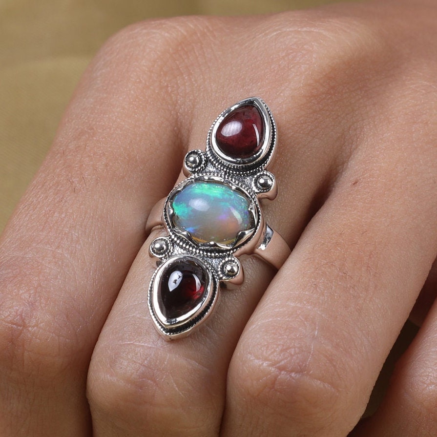 Ethiopian Opal & Garnet Sterling Silver Ring