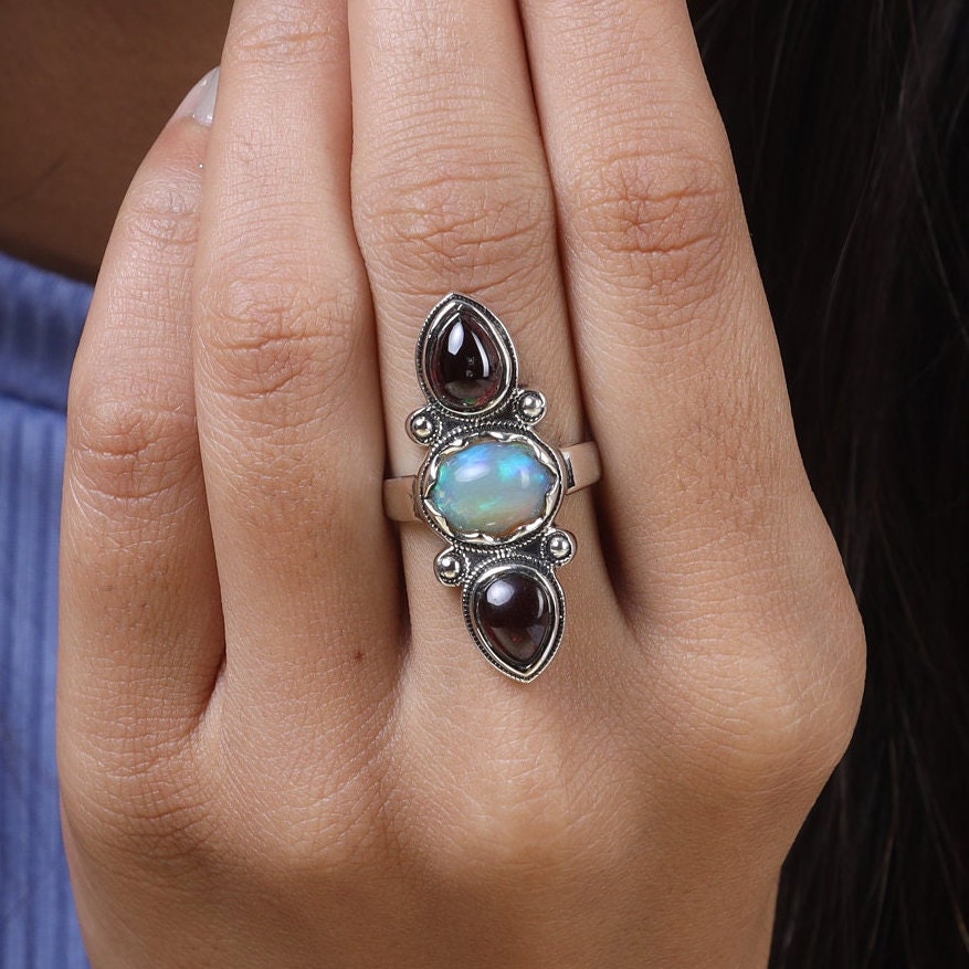 Ethiopian Opal & Garnet Sterling Silver Ring