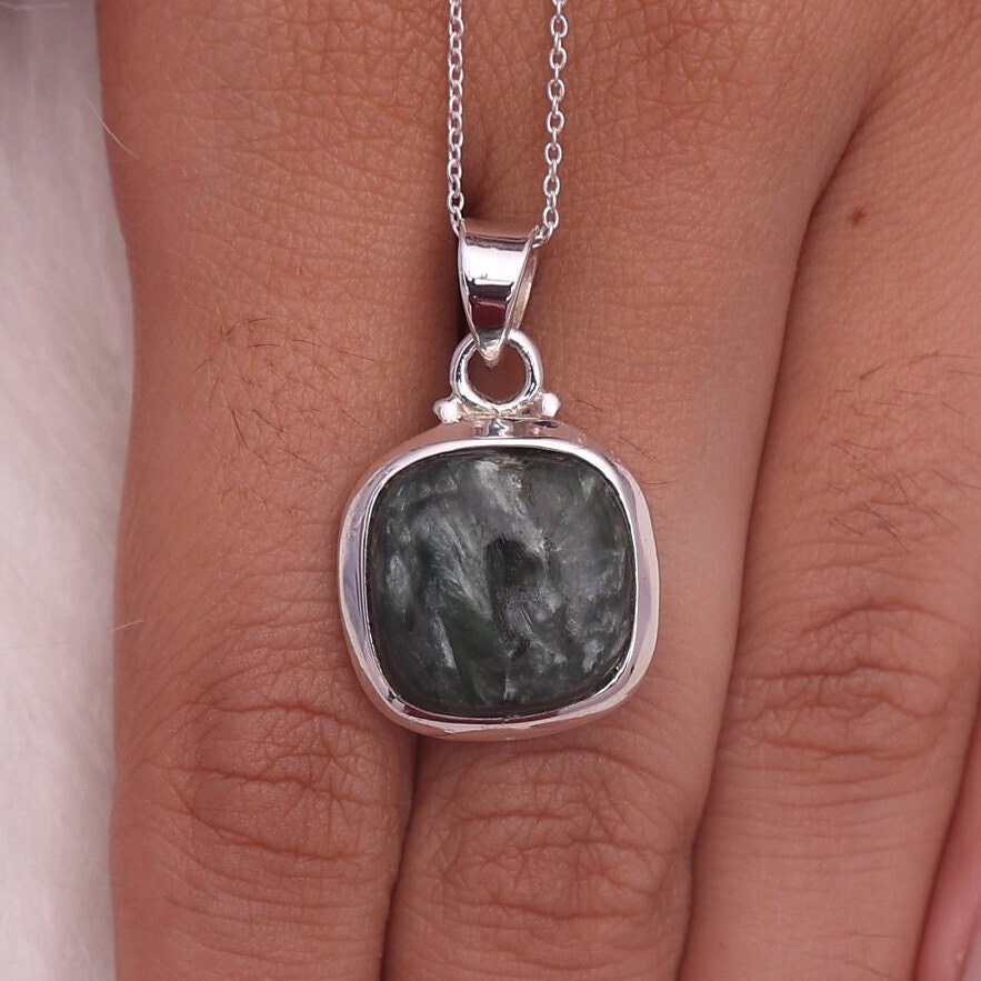 Seraphinite Pendant, 925 Sterling Silver Pendant, Gemstone Pendant, Cabochon Jewelry, Hippie Necklace, Elegant Pendant, Anniversary Gift