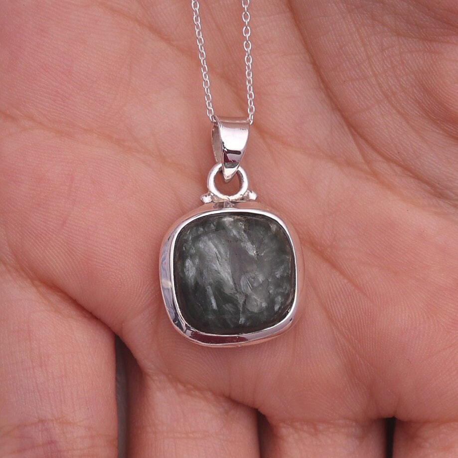 Seraphinite Pendant, 925 Sterling Silver Pendant, Gemstone Pendant, Cabochon Jewelry, Hippie Necklace, Elegant Pendant, Anniversary Gift